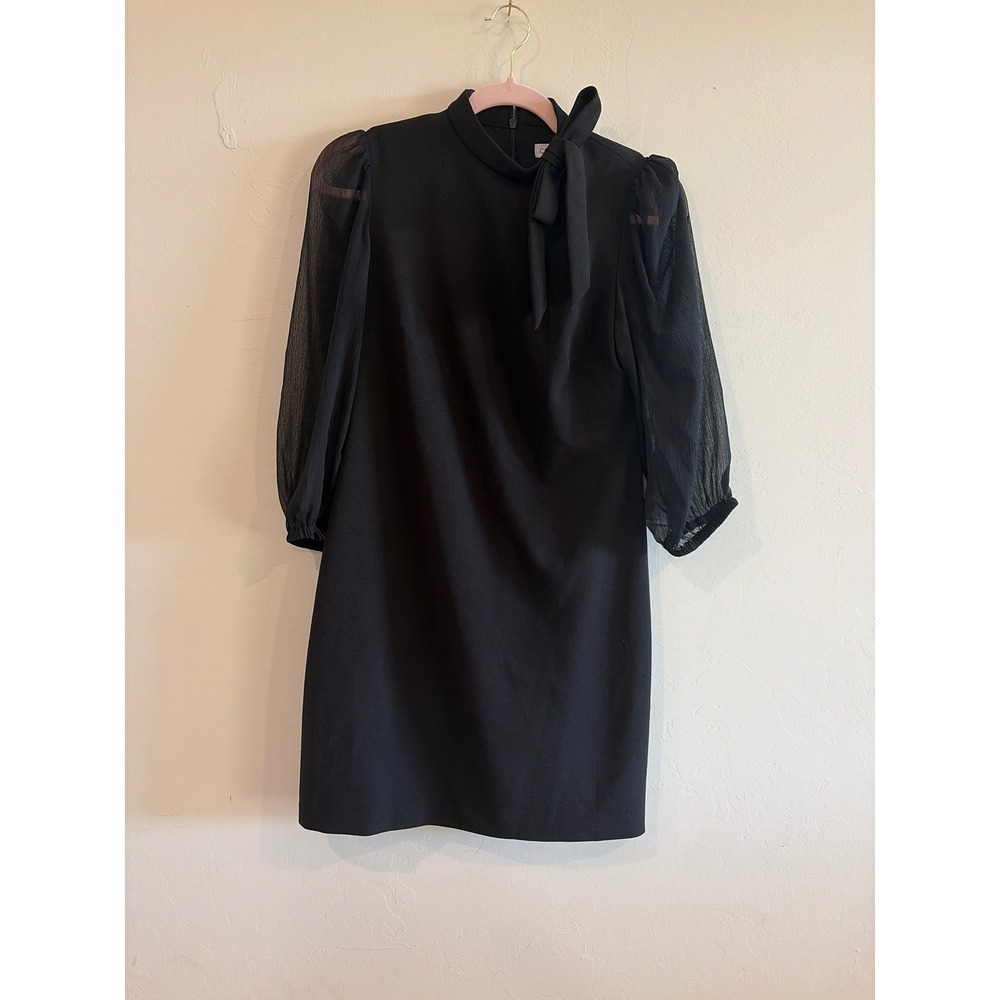 Calvin Klein Black Mock Neck Tie Bow Sheer Sleeve Shift Dress CD3C1P2X Size 4